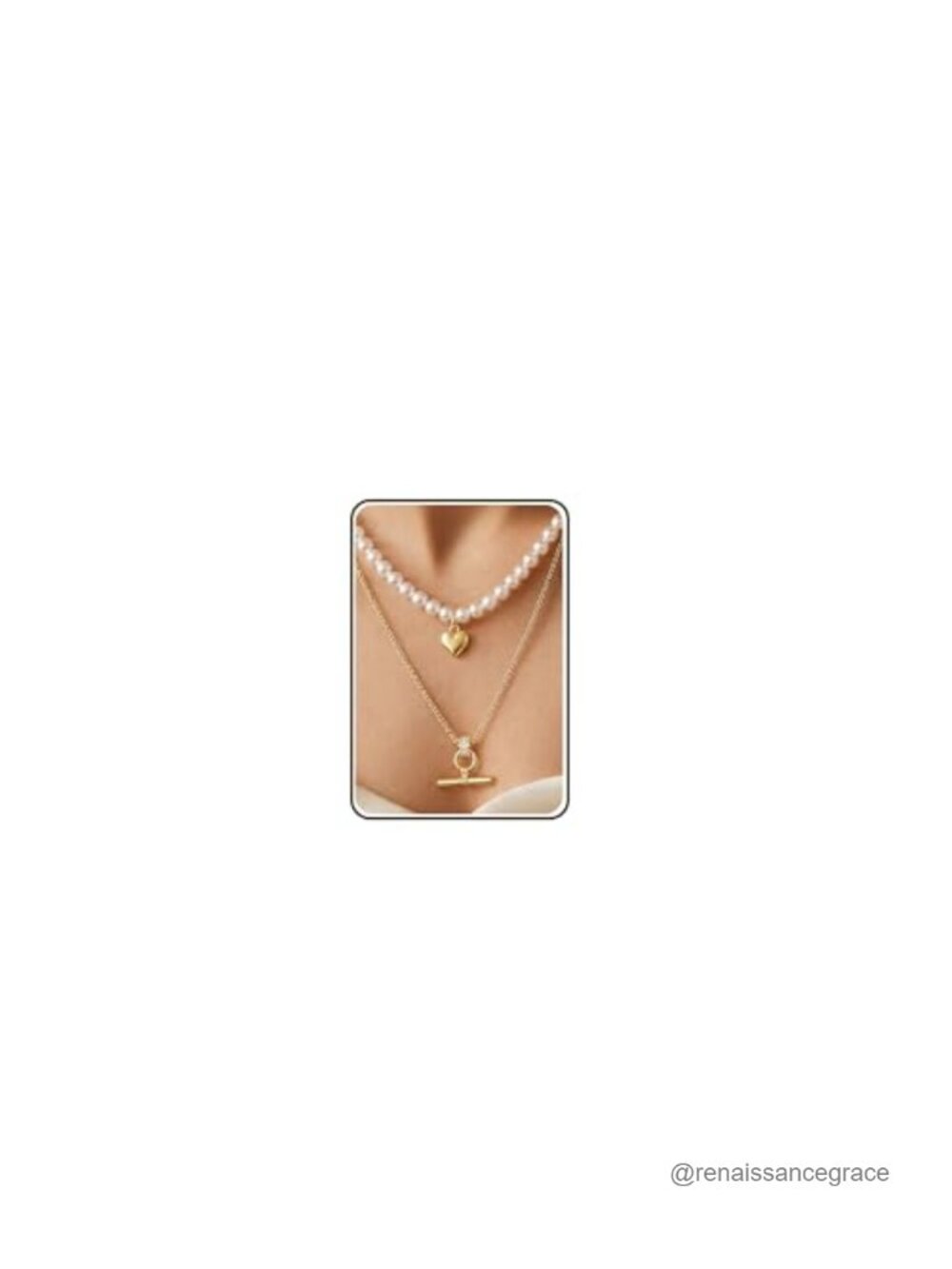 16K Gold Plated Layered Pearl Necklace Stack, Heart and T-Bar Pendants